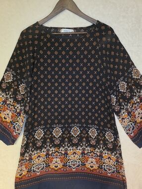 Black & Orange Patterned Bohemian Boatneck Tunic 3/4 Bell Sleeve Size Medium
